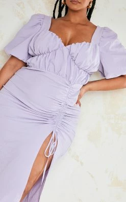 Plus Lilac Puff Sleeve Ruched Side Split Midi Dress -US Dresses Sales Store 8e3a939da28c9fdba33ca963eeefa42786225ac4 cne0627 4