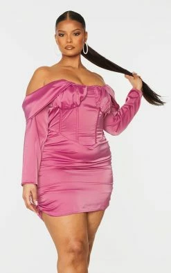 Plus Pink Satin Drape Bardot Sleeve Ruched Back Bodycon Dress -US Dresses Sales Store 8f9d3eb1b71f882a0ea10e4638b8b319865e105f cmu5860 4