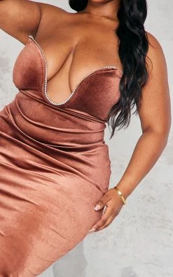 Plus Chocolate Velvet Diamante Trim Plunge Midi Dress -US Dresses Sales Store 912d8243fd4b7bae42c2118c120afcfcf3e18b40 cnb4192 4
