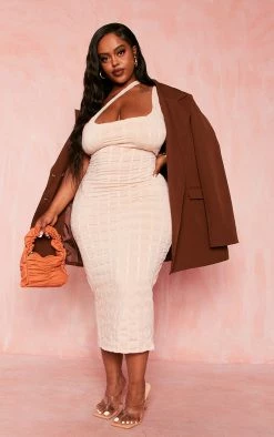 Plus Stone Textured Double Strap One Shoulder Midi Dress