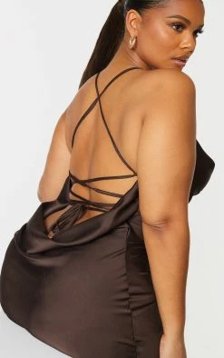 Plus Chocolate Satin Cowl Neck Lace Up Back Midi Slip Dress -US Dresses Sales Store 931ae27a32b236464a032afcfac2aa939a350a28 cmu9357 5