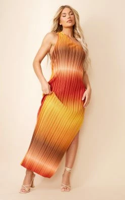 Brown Ombre Plisse One Shoulder Scoop Back Maxi Dress