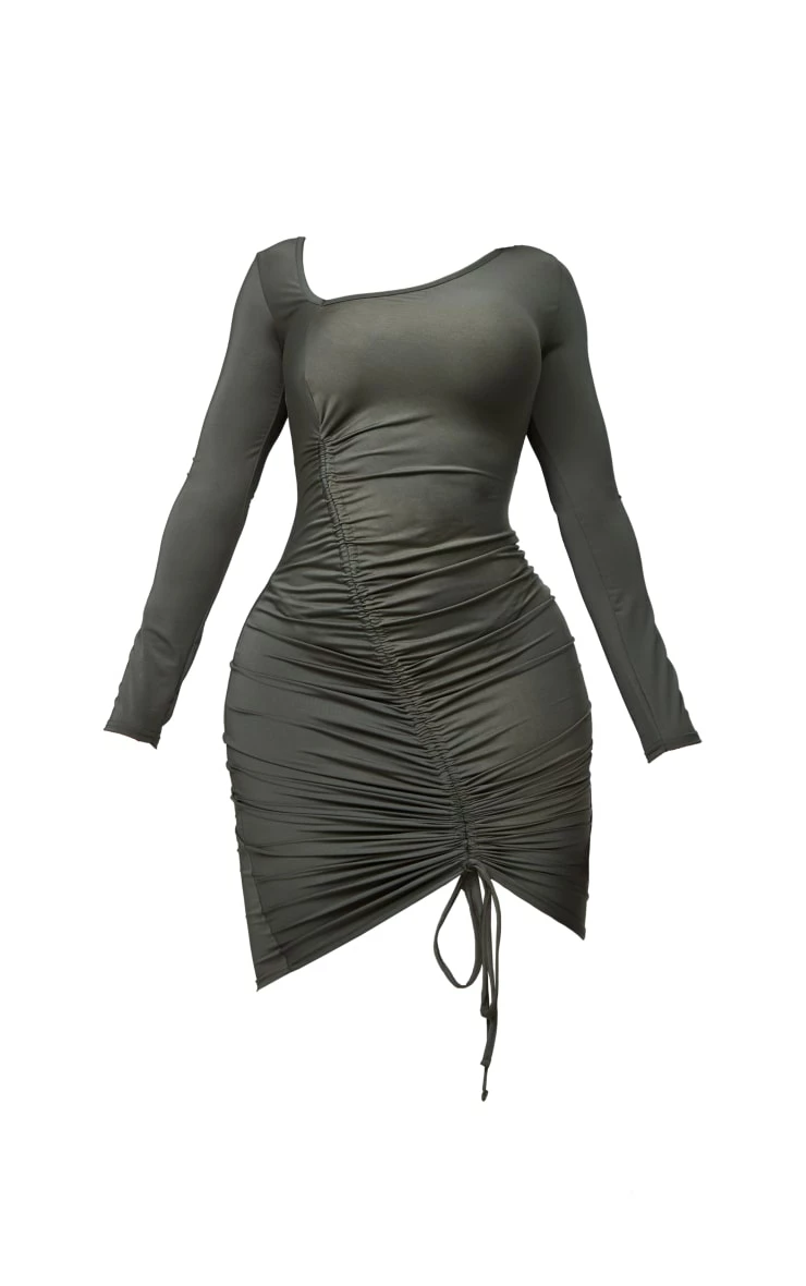 Shape Khaki Slinky Asymmetric Neckline Ruched Bodycon Dress 7 Shape Khaki Slinky Asymmetric Neckline Ruched Bodycon Dress - Image 5