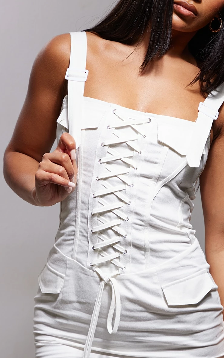 Cream Cargo Lace Up Detail Buckle Strap Bodycon Dress 6 Cream Cargo Lace Up Detail Buckle Strap Bodycon Dress - Image 4