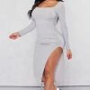 Shape Light Grey Brushed Rib Square Neck Split Side Midi Dress