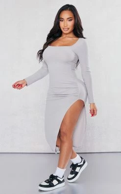 Shape Light Grey Brushed Rib Square Neck Split Side Midi Dress
