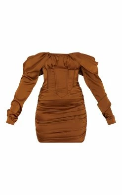 Chocolate Satin Drape Bardot Sleeve Ruched Back Bodycon Dress -US Dresses Sales Store 95d778b496c538f839e3ce243af97ae356c3b26c cmu4054 6