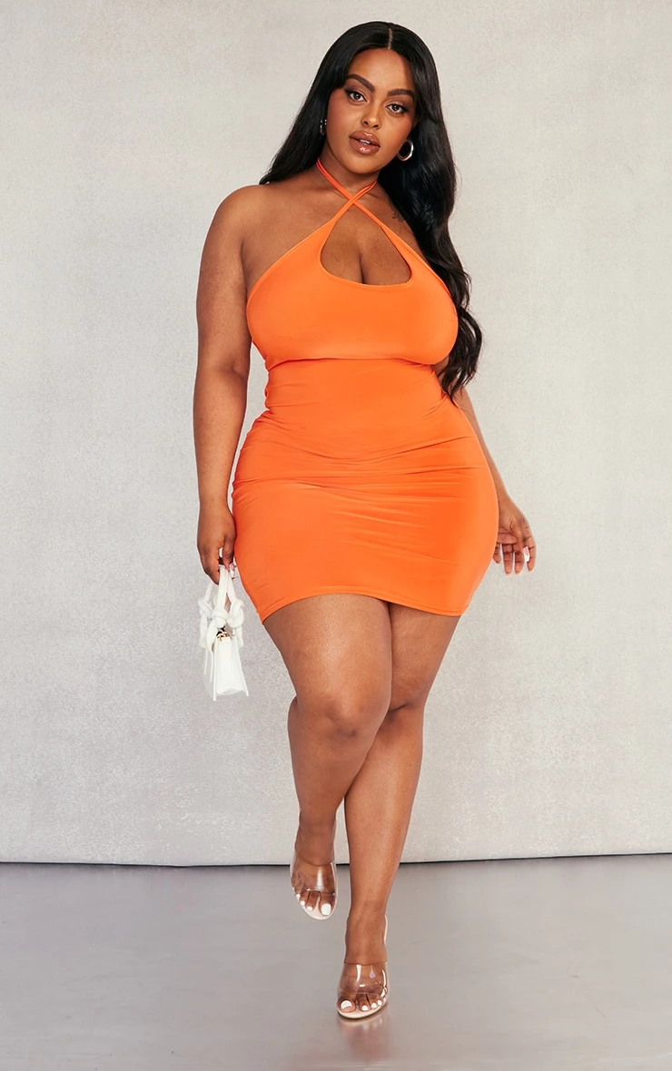 Plus Orange Cross Front Slinky Bodycon Dress 5 Plus Orange Cross Front Slinky Bodycon Dress - Image 3