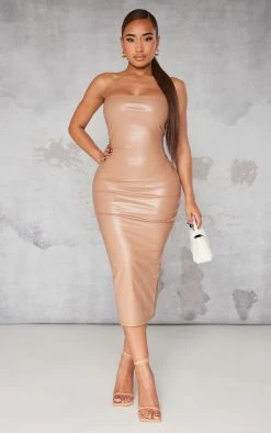 Shape Camel Pu Bandeau Midi Dress