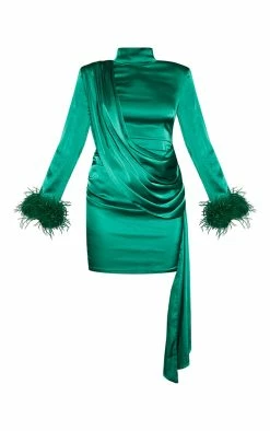 Bright Green Feather Cuff High Neck Satin Drape Bodycon Dress -US Dresses Sales Store 969ff60952b478a8ffd7c12ffada1c0654c5f211 cnb3504 5