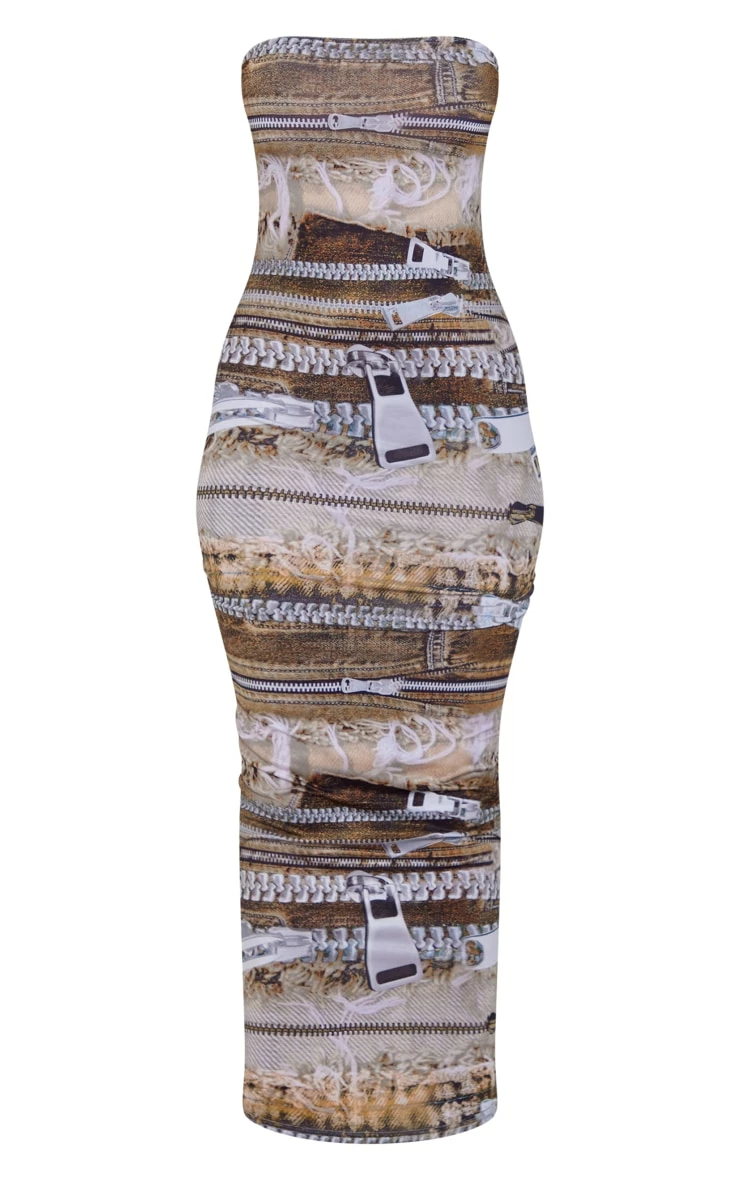 Petite Brown Bandeau Denim Print Maxi Dress 7 Petite Brown Bandeau Denim Print Maxi Dress - Image 5