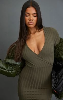 Khaki Rib Wrap Midi Dress With Flared Cuff -US Dresses Sales Store 97e707998f6a5ef0c4409e16211781929c4d2f06 cnc1137 4