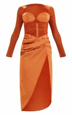 Rust Satin Bust Detail Ruched Mesh Sleeve Midi Dress -US Dresses Sales Store 98ea1f9368269a79a6d18650b94cb77d7d319463 cnd2338 5