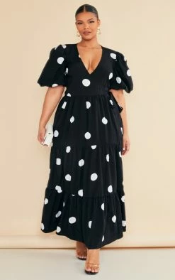 Plus Black Printed Tiered Tie Waist Maxi Dress