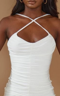Tall White Ruched Cross Front Strappy Bodycon Dress -US Dresses Sales Store 9b19add52ee997771f3a4161cfd760491456aea7 cmv6372 5
