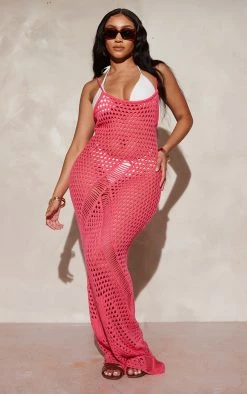 Shape Hot Pink Knit Crochet Strappy Maxi Dress