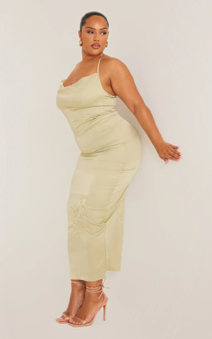 Plus Green Halterneck Satin Embroidered Maxi Dress 5 Plus Green Halterneck Satin Embroidered Maxi Dress - Image 3