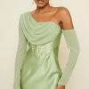 Sage Satin One Shoulder Chiffon Drape Bodycon Dress