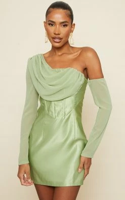 Sage Satin One Shoulder Chiffon Drape Bodycon Dress