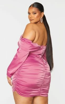 Plus Pink Satin Drape Bardot Sleeve Ruched Back Bodycon Dress -US Dresses Sales Store 9c556c1e62247458f81a9cf20d733f5df5b99b66 cmu5860 3