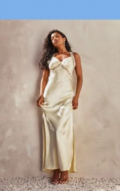 Lemon Satin V Neck Lace Detail Front Split Maxi Dress