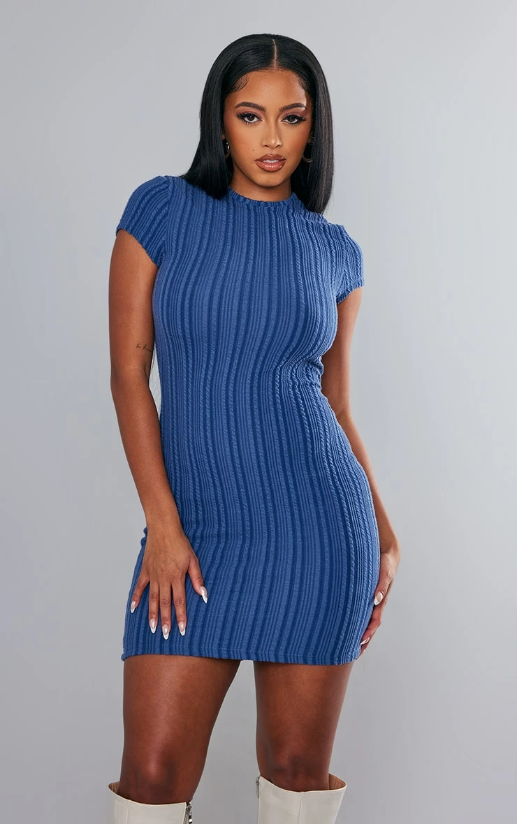 Navy Textured Rib Cap Sleeve Bodycon Dress 3 Navy Textured Rib Cap Sleeve Bodycon Dress