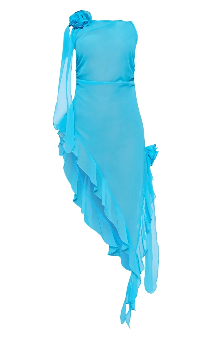 Blue Chiffon Rosette Detail Frill Hem Midi Dress 7 Blue Chiffon Rosette Detail Frill Hem Midi Dress - Image 5