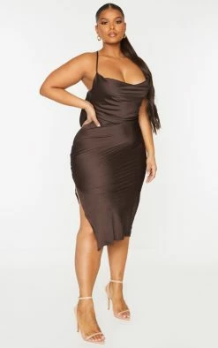 Plus Chocolate Satin Cowl Neck Lace Up Back Midi Slip Dress -US Dresses Sales Store 9ebbafc43012b07667d63f01e043e879495132a7 cmu9357 4