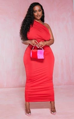 Plus Red Slinky Ruched One Shoulder Longline Midi Dress