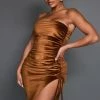 Shape Chocolate Brown Velvet Ruched Side Frill Hem Bandeau Bodycon Dress