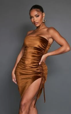 Shape Chocolate Brown Velvet Ruched Side Frill Hem Bandeau Bodycon Dress