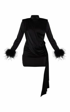 Black Feather Cuff High Neck Satin Drape Bodycon Dress -US Dresses Sales Store 9fa42f2808662c12a38954d7ca5b062482f81bb8 cnb5814 5