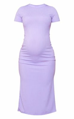 Maternity Lilac Ribbed Short Sleeve Midi Dress -US Dresses Sales Store 9fc8c88c6651a0ca80493aee899f1aefad3c1bf0 cne8200 5