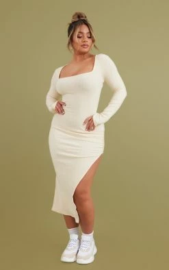 Shape Cream Brushed Rib Square Neck Split Side Midi Dress