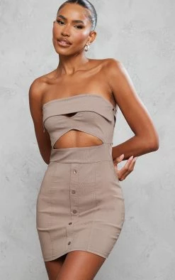 Taupe Bandeau Cut Out Button Down Bodycon Dress