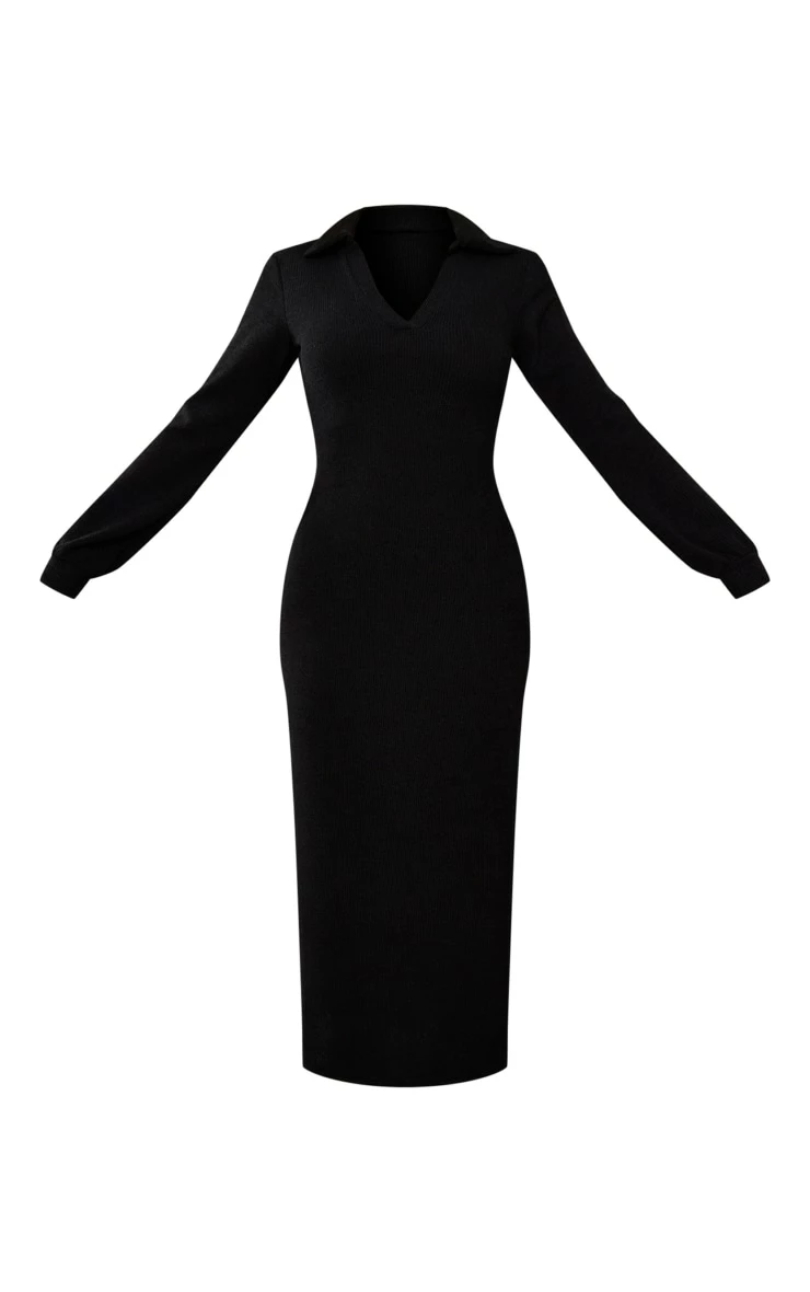 Black Marl Rib Polo Collar Split Detail Maxi Dress 7 Black Marl Rib Polo Collar Split Detail Maxi Dress - Image 5