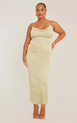 Plus Green Halterneck Satin Embroidered Maxi Dress