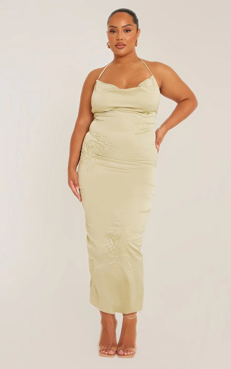 Plus Green Halterneck Satin Embroidered Maxi Dress 3 Plus Green Halterneck Satin Embroidered Maxi Dress