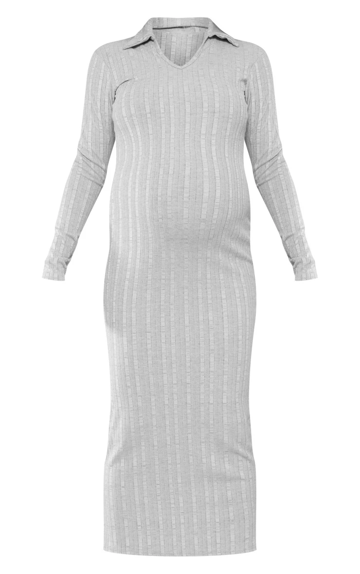 Maternity Light Grey Ribbed Polo Neck Maxi Dress 7 Maternity Light Grey Ribbed Polo Neck Maxi Dress - Image 5