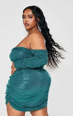 Plus Emerald Green Sequin Bardot Ruched Long Sleeve Bodycon Dress -US Dresses Sales Store a46066b2da73d2cce4c7a0838d37dd835cacdb97 cnb4194 2