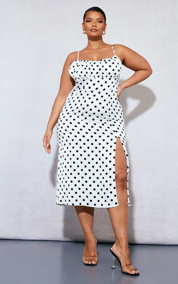 Plus White Polka Dot Ruched Bust Side Split Midi Dress 5 Plus White Polka Dot Ruched Bust Side Split Midi Dress - Image 3