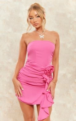 Fuchsia Bandeau Flower Applique Frill Bodycon Dress