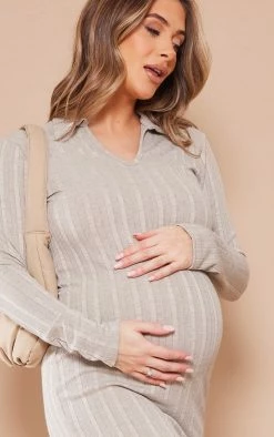 Maternity Oatmeal Ribbed Polo Neck Maxi Dress -US Dresses Sales Store a5efa079c197f609981432505fe6a38144e13e5f cnd3128 4