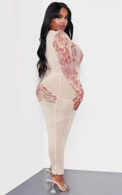 Plus Brown Statue Printed Contrast Mesh Midi Dress -US Dresses Sales Store a695d4a2444a0eca9ef39096b3188eeeb21da683 cne0540 2