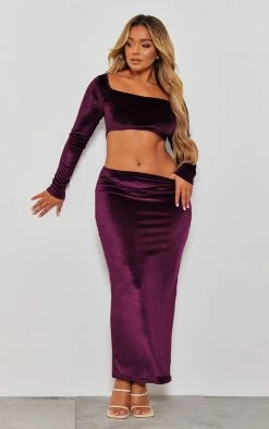 Shape Plum Velvet Square Neck Long Sleeve Cut Out Midaxi Dress