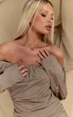 Mushroom Linen Look Ruched Bardot Bodycon Dress -US Dresses Sales Store a739fe9d952578176f54edc70d49d252b9a290ea cnd7647 4