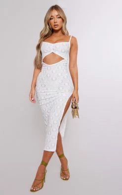White Broderie Ruched Bust Cut Out Strappy Maxi Dress