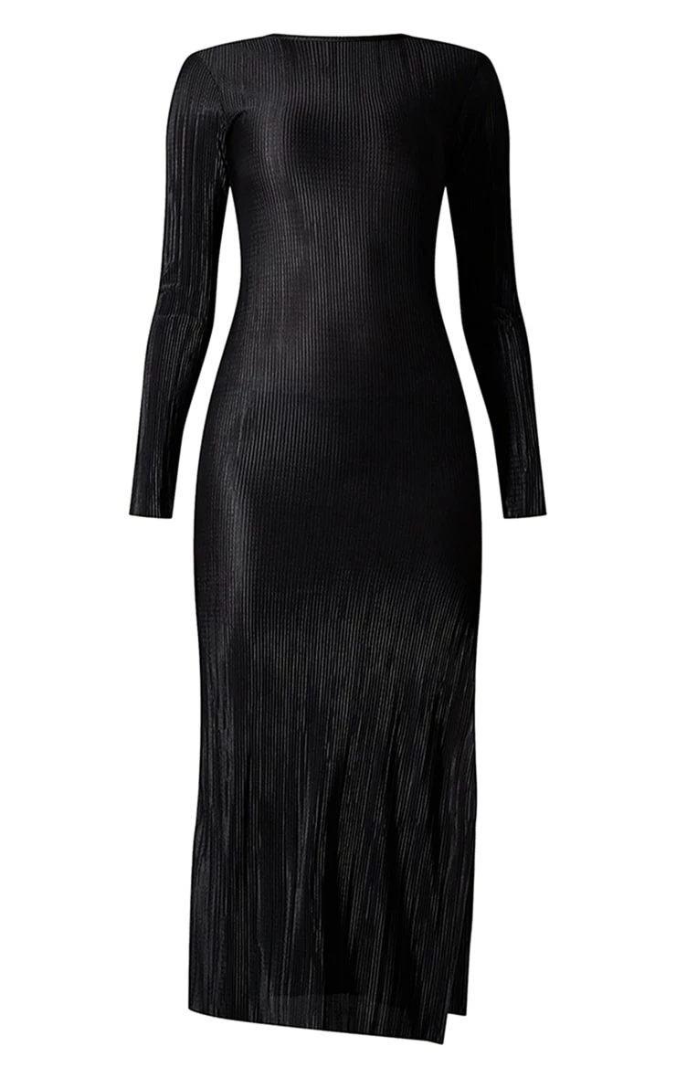Black Plisse Long Sleeve Split Detail Midi Dress 7 Black Plisse Long Sleeve Split Detail Midi Dress - Image 5