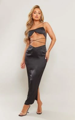 Black Satin Underwired Strappy Cut Out Midaxi Dress