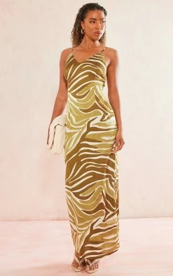 Green Zebra Print Satin Maxi Beach Dress